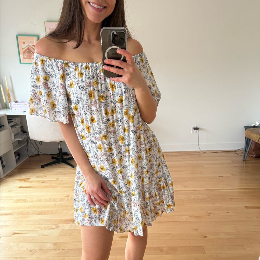 FLORAL XS OFF-SHOULDER FLOWY DRESS WHITE YELLOW